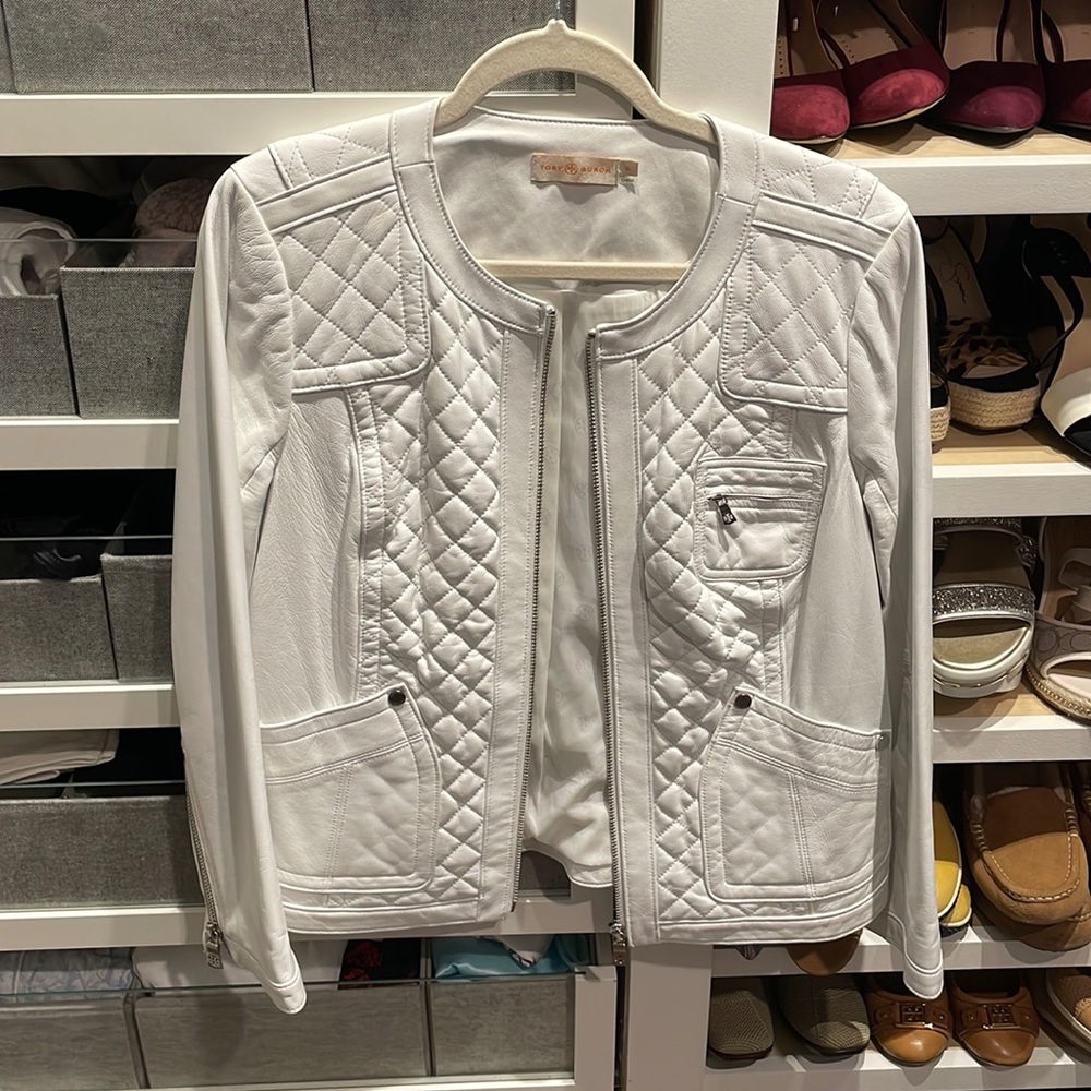Tory Burch white leather jacket with silver zipping